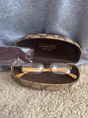 Coach Women's Rectangular Glasses with Brown Monogram Case and Yellow Temples